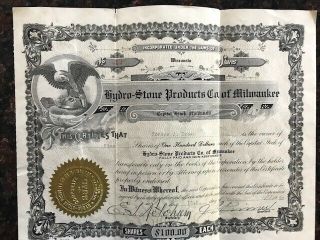 Vintage Stock Certificate " Hydro - Stone Products Co Of Milwaukee " 1922