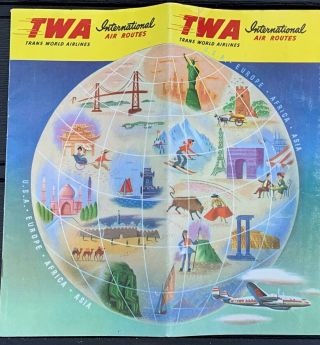 Vintage Twa Airlines International Air Route Map 1951 By General Drafting Co.  Inc