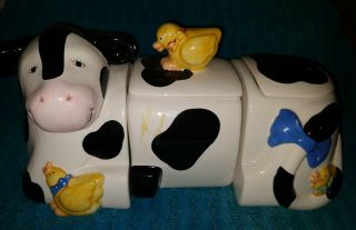 Vintage Ceramic Cookie Jar Black & White Cow 3 Sections