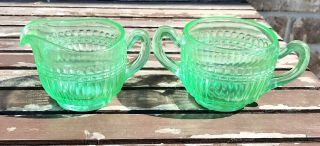 Vintage Vaseline Green Depression Glass Cream & Sugar Bowl Glows