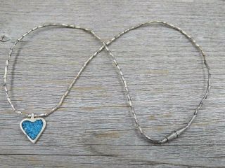 Vintage Navajo Sterling Silver Turquoise Chip Inlay Heart Beaded Necklace 15 "