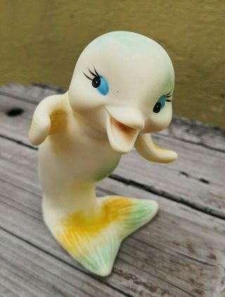 Vtg Rare Mexican Small Squeaky Toy Happy White Dolphin Rubber 4.  5 " Figure Mexico