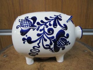 Vintage Hand Painted Blue & White Floral Piggy Bank Made In Hungary Ceramic
