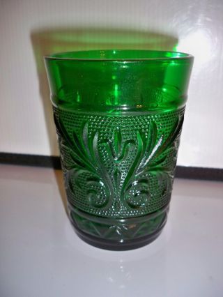 VINTAGE EMERALD GREEN SANDWICH GLASS TUMBLER 4 INCHES TALL 2