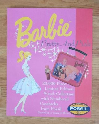 Vtg Barbie Pretty And Pink Fossil Watch Store Display Poster Sign 21x26