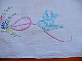 Vintage embroidered blue bird table runner dresser scarf with crocheted edge 3