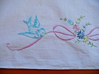 Vintage embroidered blue bird table runner dresser scarf with crocheted edge 4