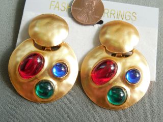 Vintage Nos Quality Jeweled 2 " Matte Gold Tone 80s Knocker Clip Earrings D44