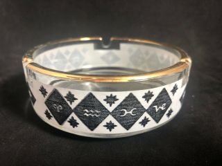 Vintage Glass Ashtray Astrological Signs On White And Black Band Gold Rim 1a