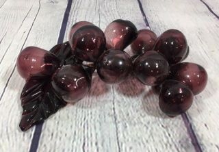 Vtg Glass Grape Cluster W Leaves Purple Hand Blown - 7.  5 " Long / Decorative