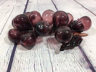 Vtg Glass Grape Cluster w Leaves Purple Hand Blown - 7.  5 