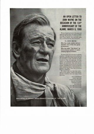 Vintage 1960 John Wayne The Duke 124th Anniversary Alamo Davy Crockett Ad Print