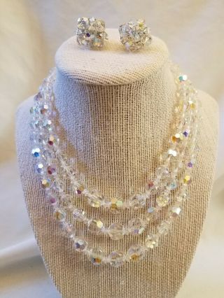 Vintage Iridescent Faceted Bead Multi - Strand Rhinestone Clasp Necklace Earrings