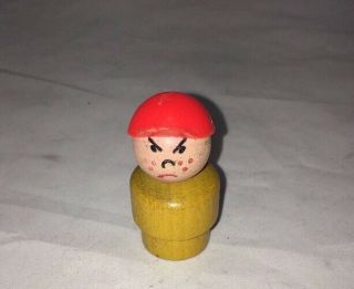 Vtg Fisher Price Little People Yellow Boy Mad Frown Face Wood