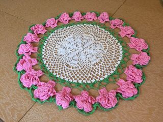 Vintage Hand Crochet Doily Tablecloth Off White With Pink Roses,  Candlemat.