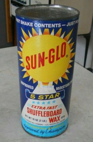 Vtg Sun - Glo Extra Fast Shuffleboard Wax 16 Oz.  Cardboard Canister Full,