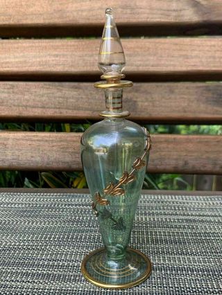 Vintage Perfume Decanter Made In Egypt Green And Gold 7 1/2 " Tall