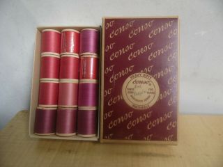 Vintage Conso Wood Spool Sewing Thread Reds And Purples Box