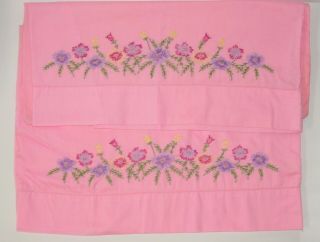 Vintage Pink Floral Embroidered Pillowcases Cotton Blend Standard Pair