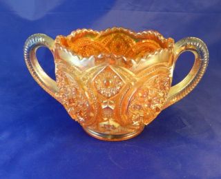 Vintage Imperial Marigold Carnival Glass Handled Bowl - Star & File Pattern