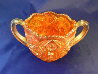 Vintage Imperial Marigold Carnival Glass Handled Bowl - Star & File Pattern 5