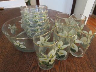 Vintage Gold Clear Calla Lily Pattern Serving Bowl,  Bowls,  Drinking Glasses Kmc