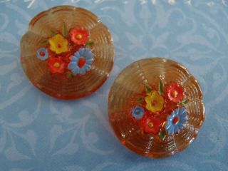 2 Vintage Amber Glass Flower Buttons Hand Painted 18mm Craft Sew Handbag Jewelry