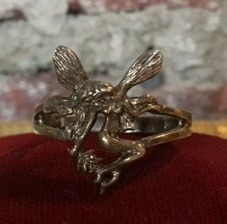 Vintage Ladies 925 Sterling Silver Flower Fairy Ring Mythical Flying Fairy Sz 8