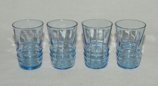 Set Of Four Vintage Blue Depression Glass Ringed Shot Glasses