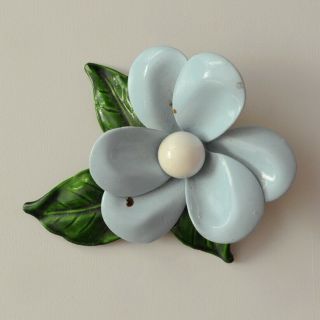 Vintage Light Blue White Enamel Flower Brooch Pin Green Leaves