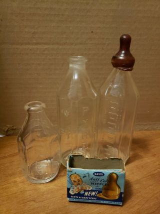 3 Vintage Pyrex Glass Baby Bottle 8 Oz Made In Usa With Davol Nipple & Box