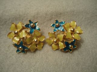 Vintage Shimmery Yellow & Blue Enamel Flower Cluster Post Earrings