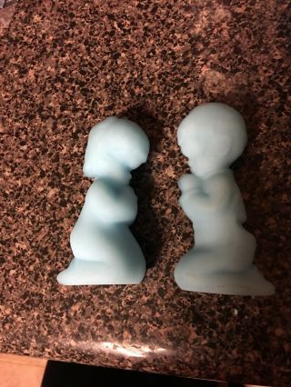 Fenton Art Glass Blue Satin Praying Children Boy And Girl Figurines Vintage