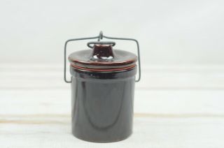 Vintage Brown Stoneware Cheese Crock With Wire Bail Lid 3