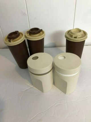 Vintage Tupperware Brown & Almond Salt & Pepper Shaker Set Lids Usa And More