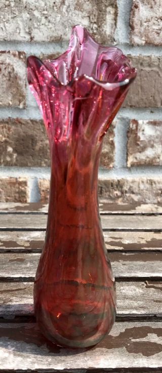 Vintage 6.  5” Pink Cranberry & Green Fenton Art Glass Swung Bud Vase