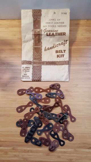 Vtg 1954 Leather Handicraft Belt Kit Brown Black Leather Scraps Crafts