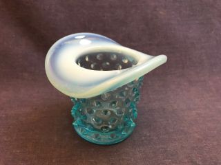 Vintage Fenton Blue Opalescent Hobnail Glass Vase Matchstick Holder Candle Hat