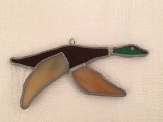 Brown & Green Flying Duck Bird Stained Glass Suncatcher Vintage