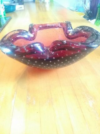 Vintage Murano Art Glass Purple Bowl Ash Tray Controlled Bubbles Heavy