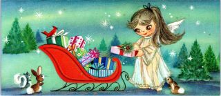 Pretty Girl Lady Big Eye Hair Pink Mcm Bunny Vtg Christmas Greeting Card