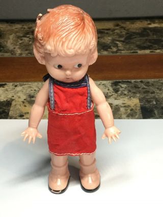 Vintage Knickerbocker Plastic Girl Doll In Red Dress 6” Height