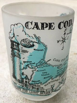 Vintage Cape Cod Mass Frosted Glass Souvenir Mug W/ Map & Lighthouse 5 " Tall