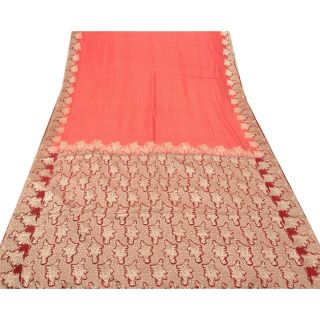Tcw Vintage Saree Pure Silk Woven Craft 5 Yd Fabric Dark Red Sari 4