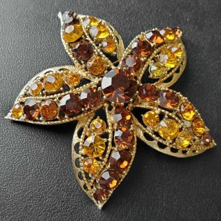 Signed Weiss Vintage Amber Rhinestone Flower Star Gold Tone Brooch Pin 207