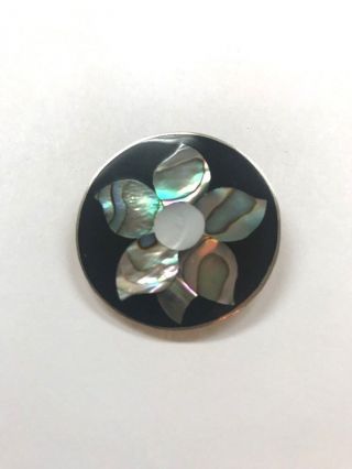 Vintage Alpaca Mexico Mother Of Pearl Abalone Shell Inlay Flower Brooch