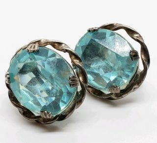 Vintage Signed Sterling Silver Topaz Glass Gemstone Art Deco Screw Back Earrings