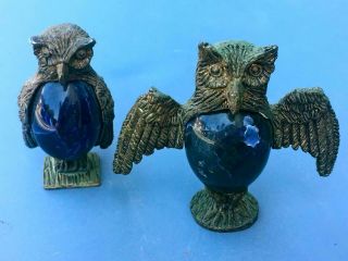 Vintage Lapis Lazuli Stone W/ Pewter Framed Owls Paperweights Collectibles