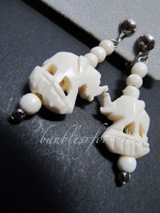 Vintage Ornate Hand Carved Bovine Bone Elephant Drop Screw Back Earrings