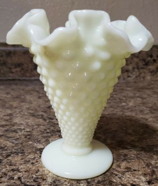 Antique Vintage Marked Fenton White Milk Glass Hobnail Ruffled Dish Vase
